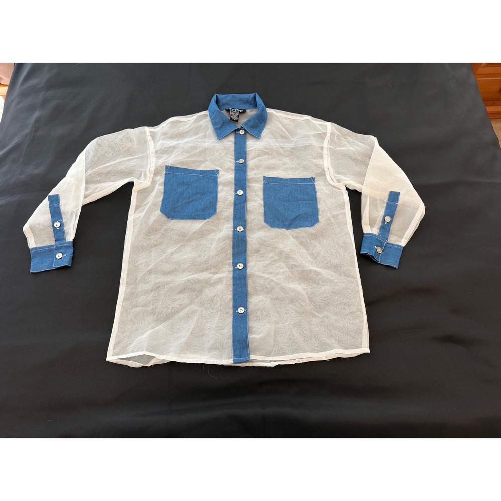 Blue Haven Jeans Sheer Mesh Button Down Shirt Denim Trim White Blue Small
